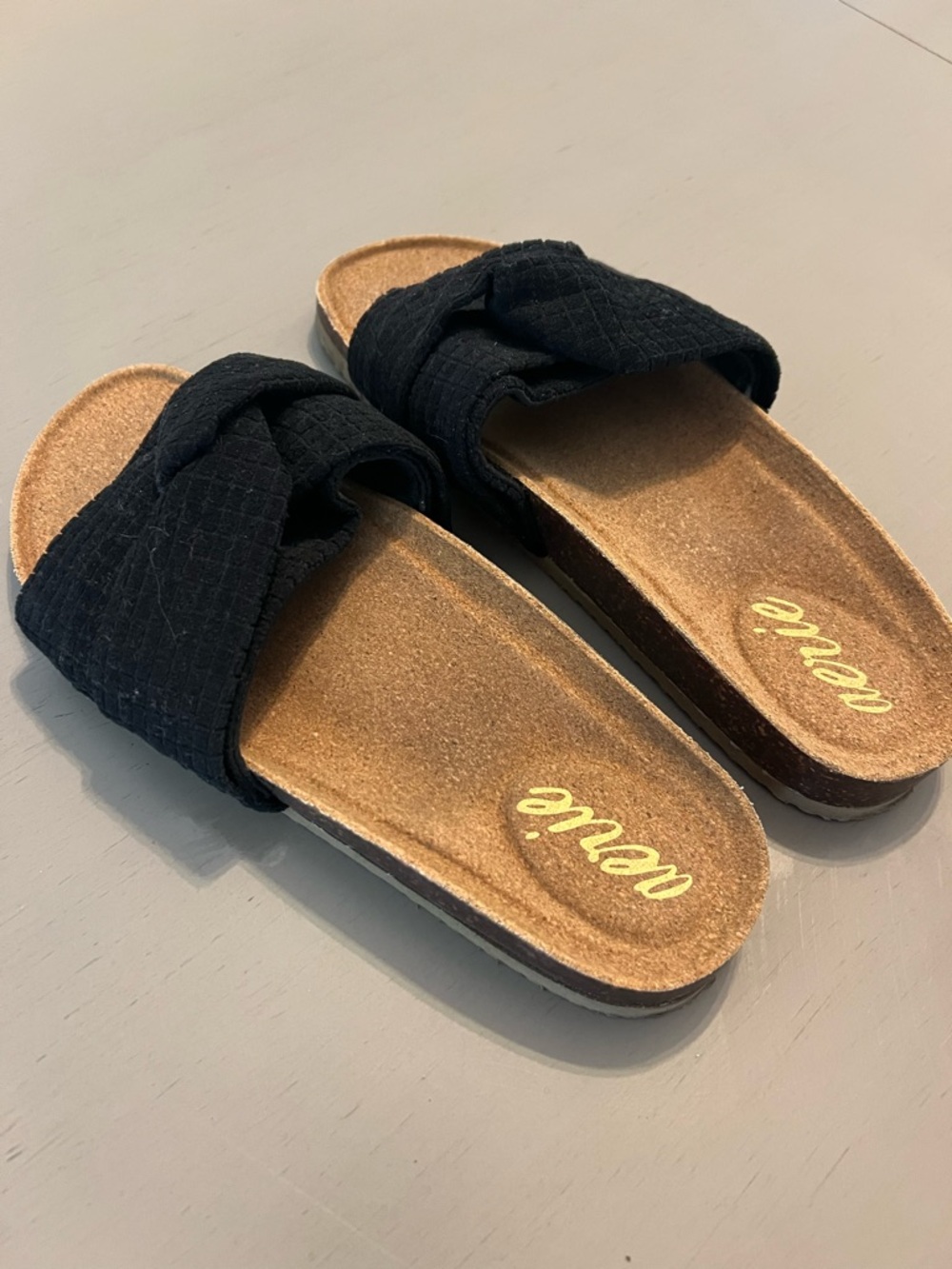 aerie Black Knotted Slide Sandals with Cork-Look Footbed